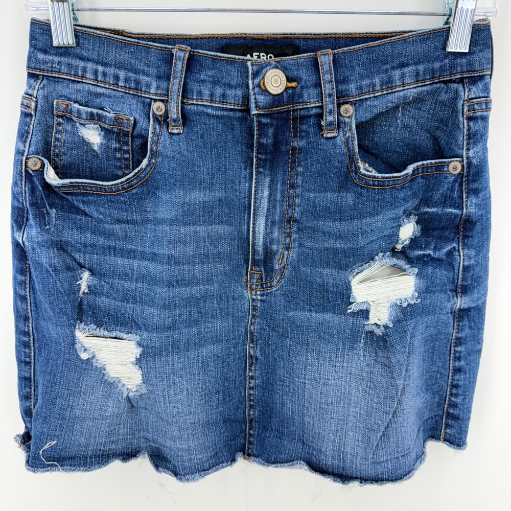 Aeropostale High Rise Distressed Denim Jean Raw Hem Mini Skirt Med Blue Size‎ 4